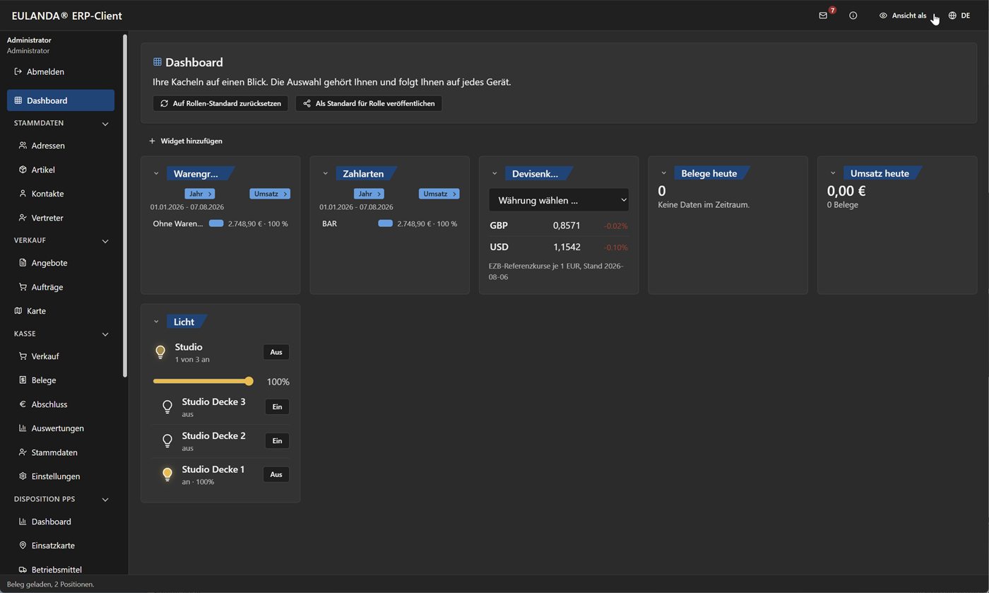 Dashboard mit Kacheln f&uuml;r Warengruppen, Zahlarten, Devisenkurse und Beleuchtung