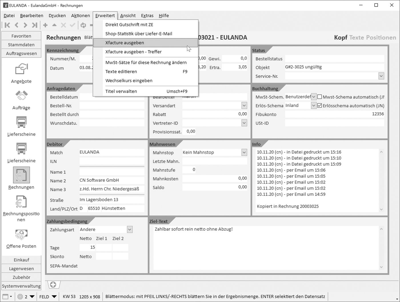 EULANDA Klassik: Rechnungsmaske im Windows-Client