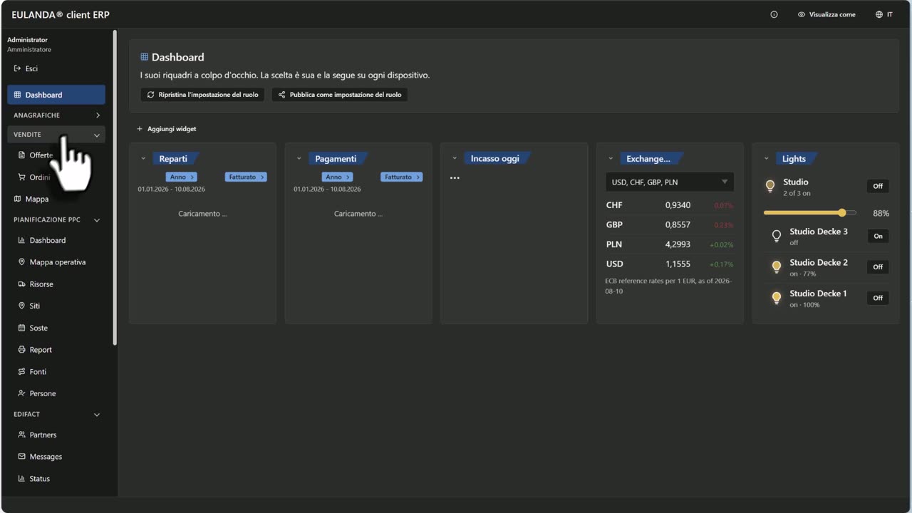 Bildschirmfoto aus dem Rundgang: Dashboard des ERP-Clients mit Kacheln